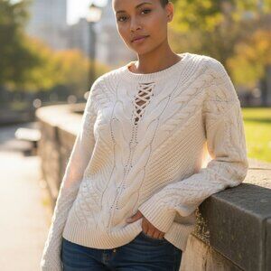 A.N.A. Womens Sweater Beige Cable Knit Sz L